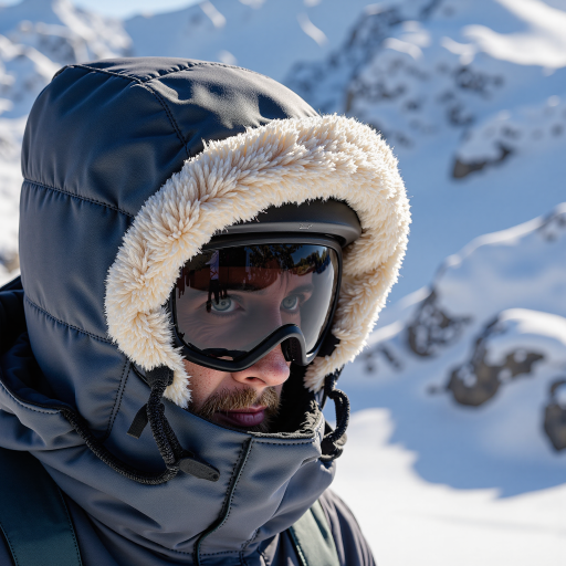 男教练,三十岁左右,穿着专业滑雪服装,戴着护目镜,面带微笑,站在雪道旁